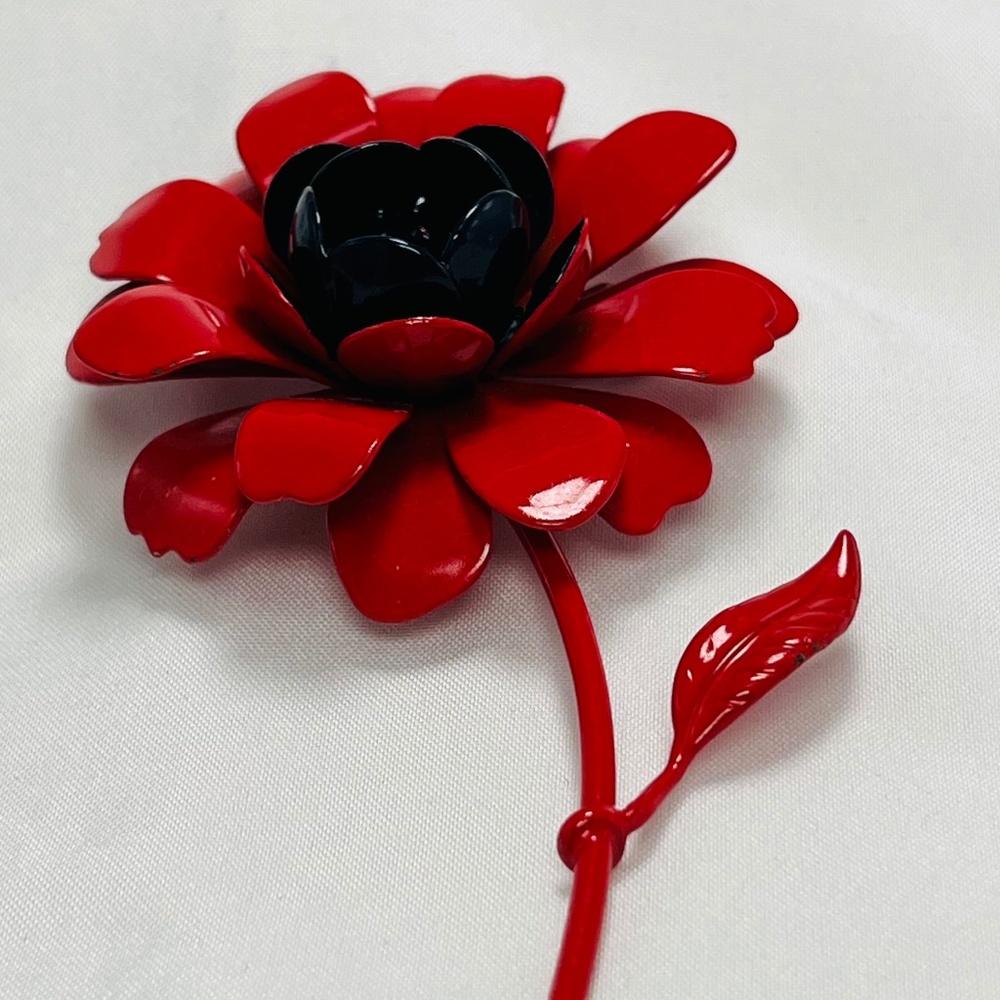 Vintage Red , and Black LG. Flower w/stem Brooch